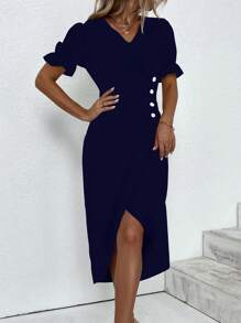 SHEIN Clasi Maxikleid für Damen mit Wickel-V-Ausschnitt und Knopfleiste vorne