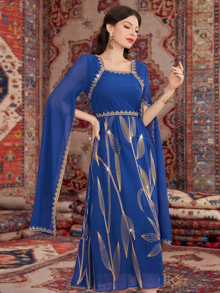 Women's Plant Embroidery Patchwork Weave Ribbon Cape Sleeve Dress, Elegant Evening Party Dress Long Evening Dresses Fall Cloth For Women