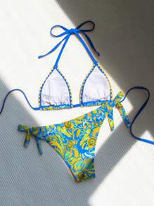 SHEIN Swim Bộ bikini riêng biệt có cổ in hình bãi biển mùa hè dành cho nữ - Nhiều màu - Xem 3