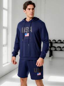 Manfinity Sport Corelite Herren Set aus Hoodie mit Buchstaben-Muster auf der Tasche und Shorts, Sportanzug, Trainingsset, Fitnessstudio Set - Blau - Übersicht 1