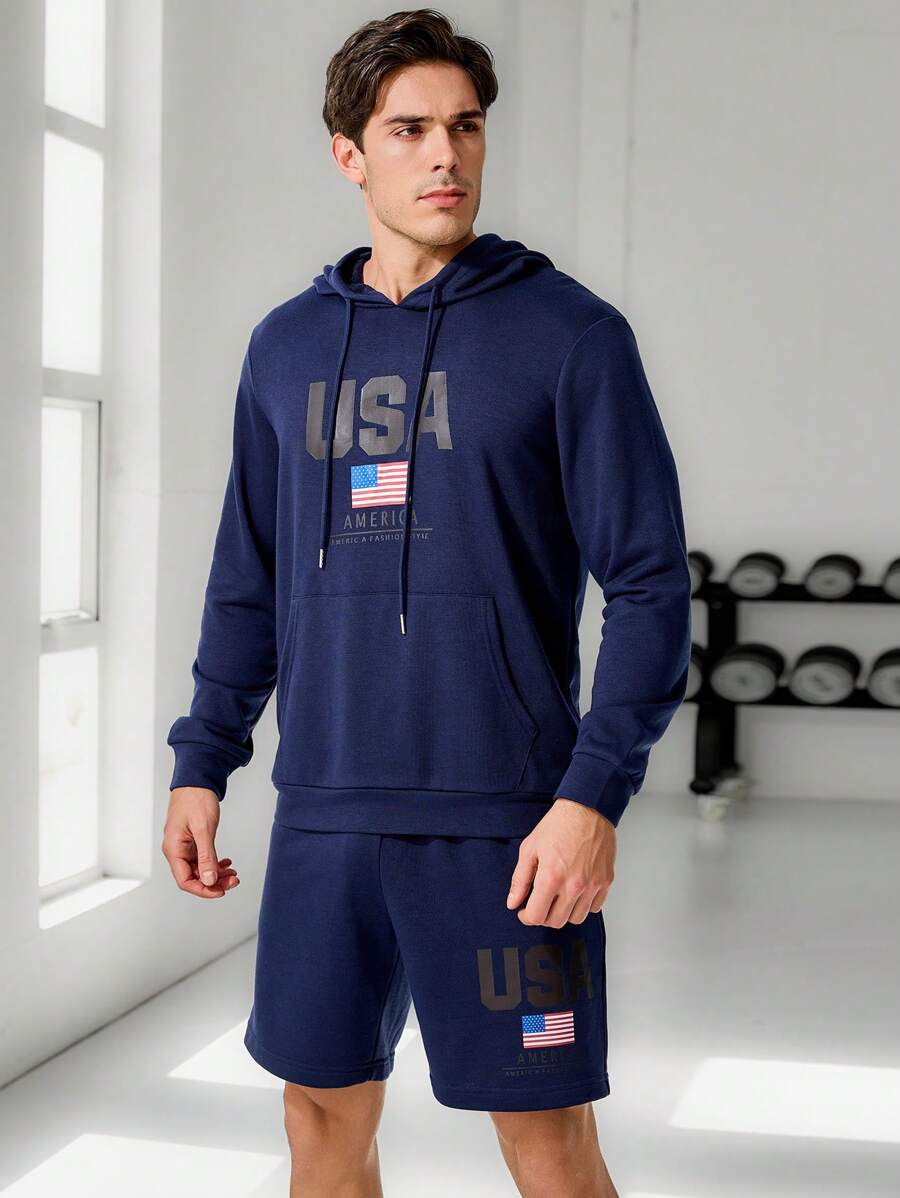 Manfinity Sport Corelite Herren Set aus Hoodie mit Buchstaben-Muster auf der Tasche und Shorts, Sportanzug, Trainingsset, Fitnessstudio Set - Blau - Übersicht 1