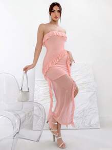 Aloruh Ladies' Mesh Ruffle Trim Strapless High Slit Pink Dress With Waistband Wedding Party Date Romantic
