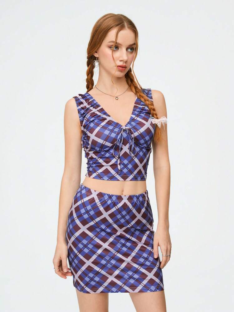 Ladies' Two Piece Set With Plaid Vest And Skirt