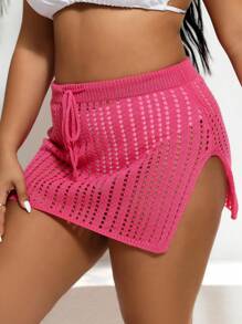 SHEIN Swim Curve 大码抽绳腰镂空针织罩衫裙夏季 - 玫紅色 - 查看 5