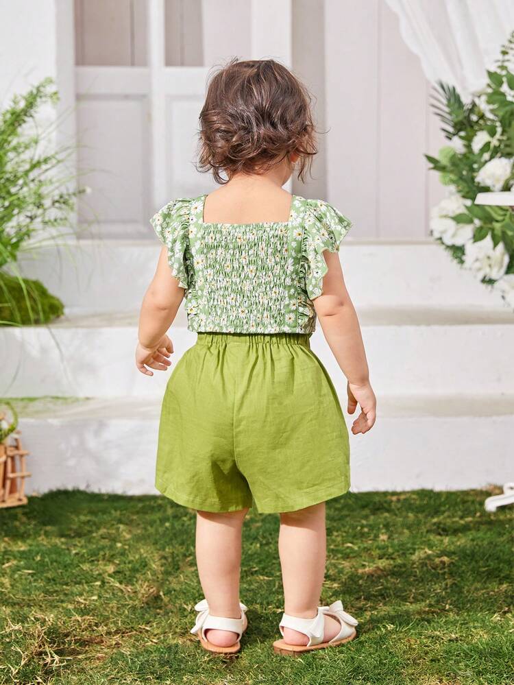 Baby Girl Casual Summer Holiday Flower Patterned Top And Shorts Set With Ruffle Hem