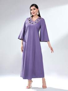 Modelyn Women's Geometric Embroidery Bell Sleeve Arabian Dress Long Evening Dresses