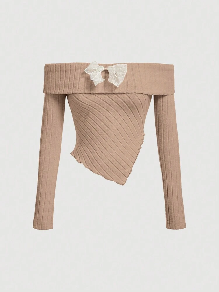 Women's Bow Decorated Off Shoulder Long Sleeve T-Shirt