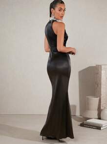 Hauture 高領鏤空打底鑲飾緞面連衣裙 - 黑色 - 查看 2