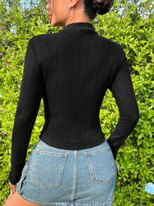 SHEIN EZwear 女款黑色針織修身t恤 - 黑色 - 查看 4