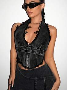 SHEIN ICON Y2K Water Washed Halter Top có viền sờn và thiết kế hở lưng - Màu xám đen - Xem 6