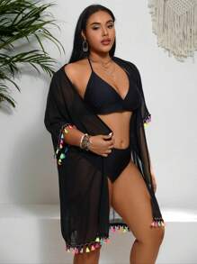 SHEIN Swim Curve Kích thước lớn Của phụ nữ Viền tua Cổ tay áo Kimono Với Vá lại Thiết kế - màu đen - Xem 6