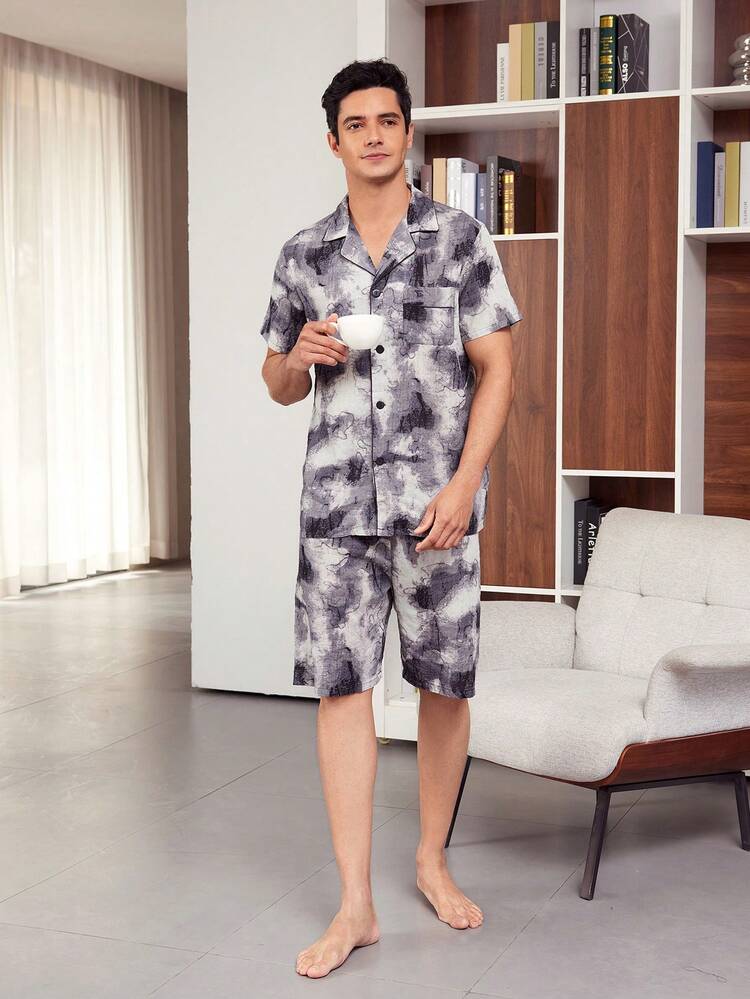 Men's Grey Tie Dye Regular Sleeve Pajama Set With Collar And Pocket Comfortable Non Stretch Fabric Loungewear