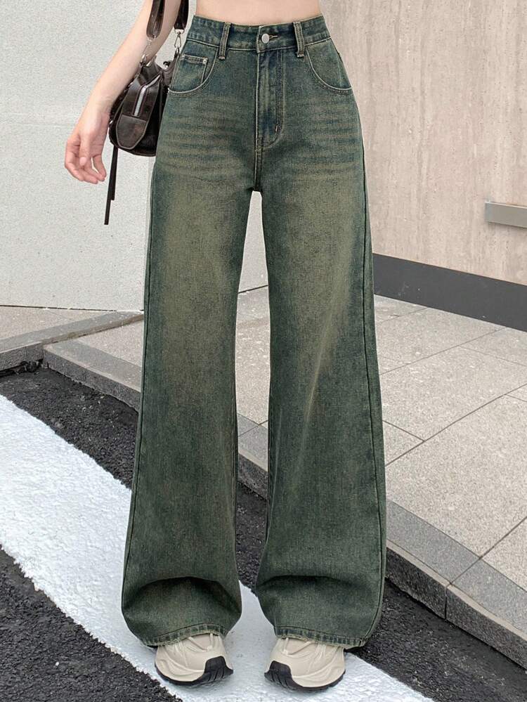 Women's Water Wash Denim Jeans With Slant Pockets,Baggy Jeans