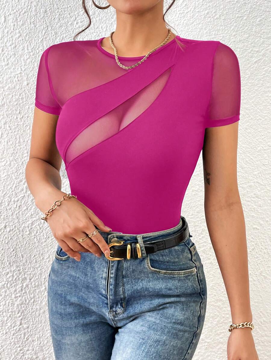 SHEIN Privé Của phụ nữ Chèn lưới Thon gọn Áo thun - Màu tím - Xem 1