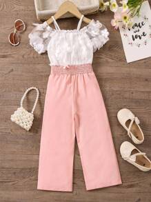 SHEIN Young Girls' Sweet Lady 3D Flower Patchwork Open Shoulder Jumpsuit, Summer - Baby Pink - View 2