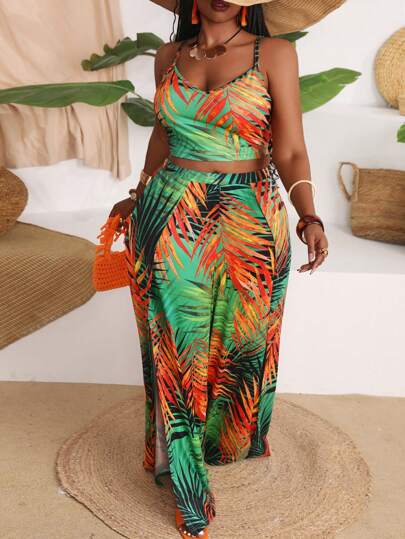 Slaydiva Plus Size Vacation Casual Floral Print Camisole & Split Leg Pants 2 Pieces Set,Holiday Outfits Boho