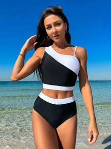 SHEIN Swim Summer Beach Color Blocking Swimwear Set - Black and White - View 1