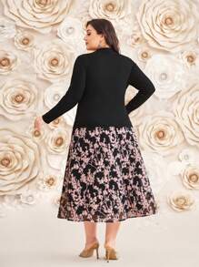 Modelyn Plus Size Solid Color Top And Floral Print Skirt Two-Piece Set 2 Piece Set