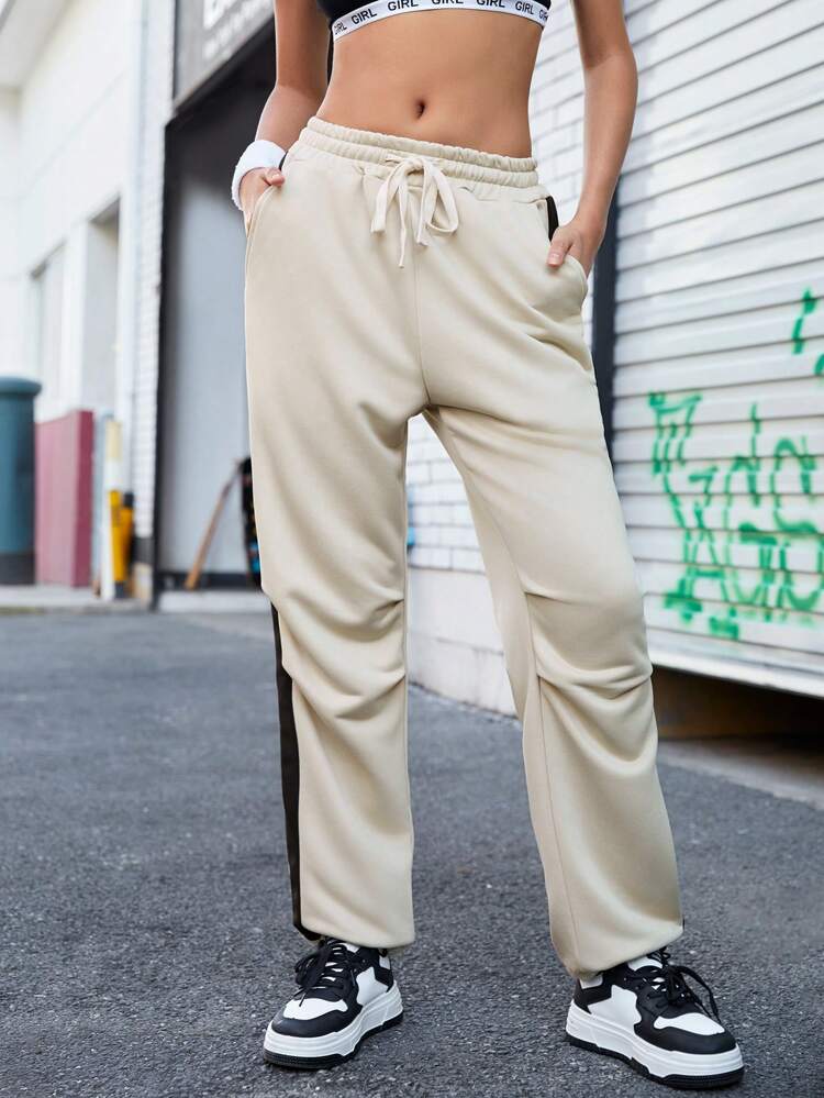 Drawstring Waist With Diagonal Pockets Sports Pants