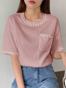 DAZY Women's Beaded Detail Drop Shoulder T-Shirt Summer - Pink - View 2