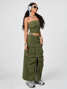 SHEIN EZwear Falda En Estilo De Trabajo Con Línea A Y Múltiples Bolsillos - Verde militar - Ver 6
