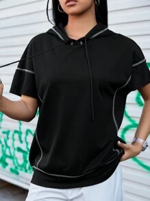 Street Sport Drawstring Hooded Short Sleeve T-Shirt With Visible Stitching