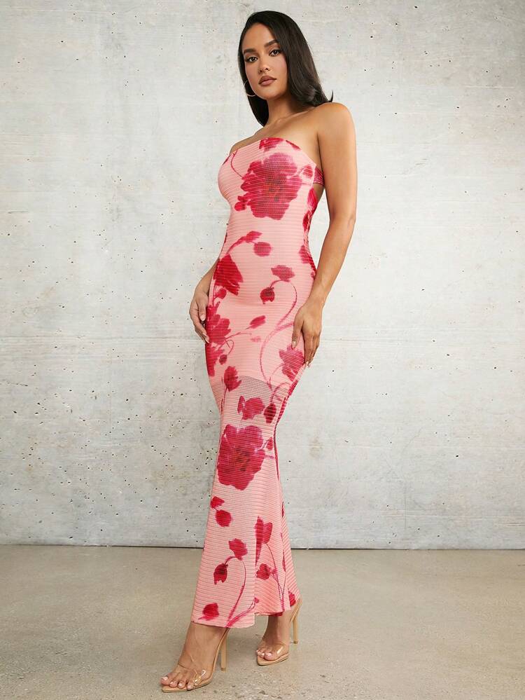 Coral Pink Floral Print Tube Top Draped Backless Spring And Summer Vacation Beach Tight Stretch Long Dress