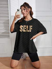 SHEIN EZwear Quý cô Vòng cổ Áo thun Với In thư - màu đen - Xem 7