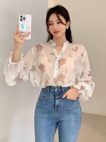 DAZY Camisa de mujer de manga larga con cuello alto, estampado floral, abertura frontal, volantes, ropa de otoño, camiseta gráfica - Multicolor - Ver 5