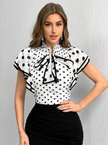 SHEIN Privé 波點印花肩帶吊帶領結領口上衣 - 彩色 - 查看 3