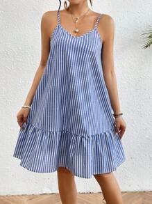 Breezaya 女士條紋荷葉邊背心連衣裙 - 藍色 - 查看 1