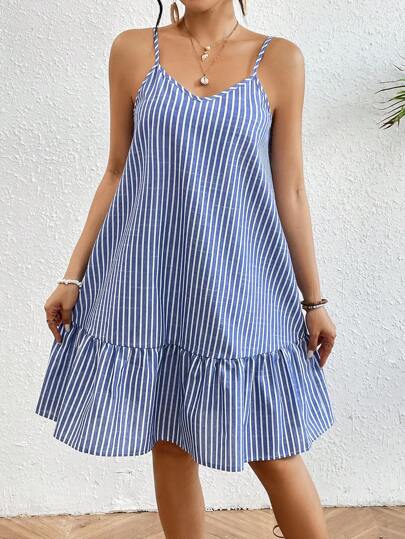 Breezaya 女士條紋荷葉邊背心連衣裙