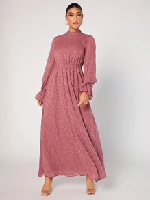 Modelyn Women's Stand Collar Ruffle Long Sleeve Arabic Style Dress Modest Dress Long Evening Dresses - Pink - View 7