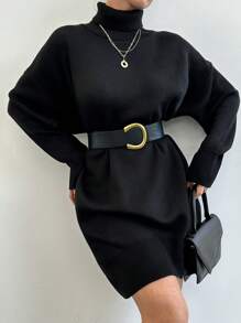 EURMUSE Turtleneck Drop Shoulder Sweater Dress Without Belt - Black - View 4