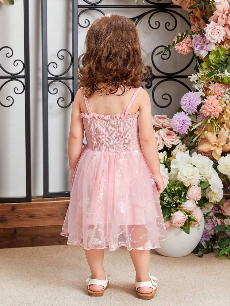 Baby Girl Pink Lace Butterfly Sparkly Embroidery Mesh Elegant & Fancy Casual Dress For Wedding Season, Spring/Summer