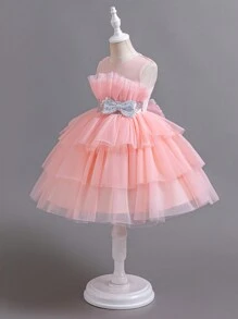 SHEIN Glamorique Kids Robe de princesse multijouche belle et magnifique avec perles et grand nœud pour jeunes filles, idéale pour les fêtes de mariage, la soirée de l'hôtesse, les fêtes d'anniversaire et autres occasions spéciales - Rose bonbon - Voir 3