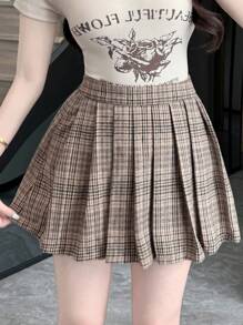 DAZY Women's Checkered Pattern Pleated Skirt - Chocolate Brown - View 8