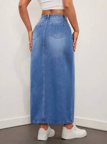 SHEIN EZwear 洗水休閒直筒牛仔裙 - 中等水洗藍 - 查看 2