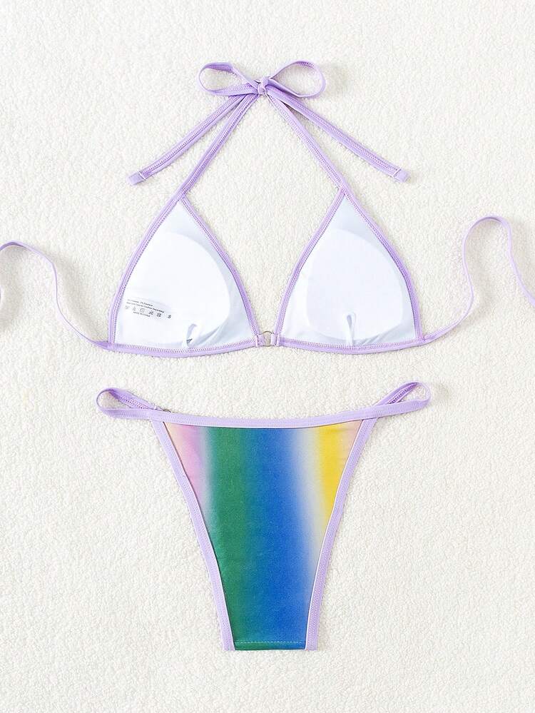 Women'S Gradient Color Halter Strap Triangle Bikini With Package Edge Design Summer