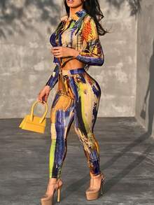 LovelyWholesale 女士优雅时尚翻领纽扣扎染设计长袖紧身裤套装春秋季 - 黃色 - 查看 6