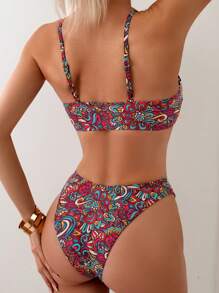女士曼陀罗印花细肩带比基尼套装，适合夏季海滩度假 - 紅色 - 查看 2