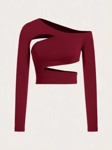 SHEIN ICON Màu thuần Xu hướng: Cắt giảm Áo thun Với Không đối xứng Đường viền cổ áo - Màu Đỏ Sâu - Xem 6