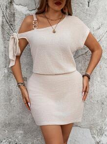 SHEIN VCAY Plus Size Women's Plain Asymmetric Neck Bodycon Dress - Beige - View 4