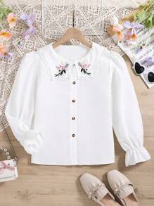 Tween Girl Embroidery Statement Collar Flounce Sleeve Shirt - White - View 5
