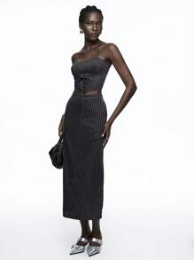 Maija Women's Stripe Pattern Camisole Top And Skirt Set - Dark Grey - View 3