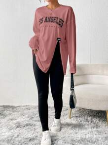 SHEIN Essnce Của phụ nữ In thư Viền chia cắt Áo thun Và Chặt Quần Hai chiếc Bộ - Bụi hồng - Xem 1