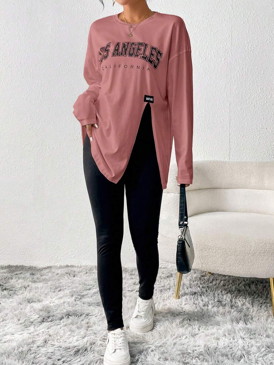 SHEIN Essnce Của phụ nữ In thư Viền chia cắt Áo thun Và Chặt Quần Hai chiếc Bộ - Bụi hồng - Xem 1