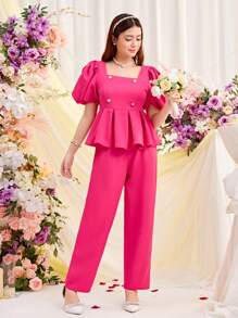 SHEIN 少女纯色装饰扣泡泡袖衬衫和裤子休闲两件套 - 玫紅色 - 查看 3