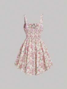 SHEIN MOD Flower Print Spaghetti Strap Tie Waist Dress