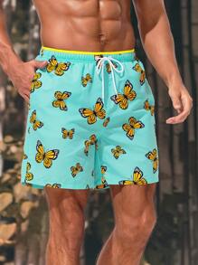 Surfspeed Men's Beach Shorts With Butterfly Print And Drawstring Waist - Mint Blue - View 3